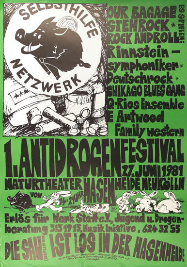 Plakat für das 1. Antidrogen-Festival am 27. Juni 1981, bei dem Bands wie Our Bagage und Chikago Blues Gang auftraten. Grüner Hintergrund mit schwarzen und weißen Illustrationen, darunter ein Wildschwein.