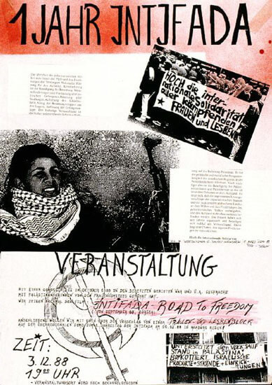Plakat mit dem fettgedruckten Titel "1 Jahr Intifada" im oberen Bereich. Schwarz-weißes Bild einer lächelnden Person, die eine Keffiyeh trägt. Text enthält "Veranstaltung" und "3.12.88".