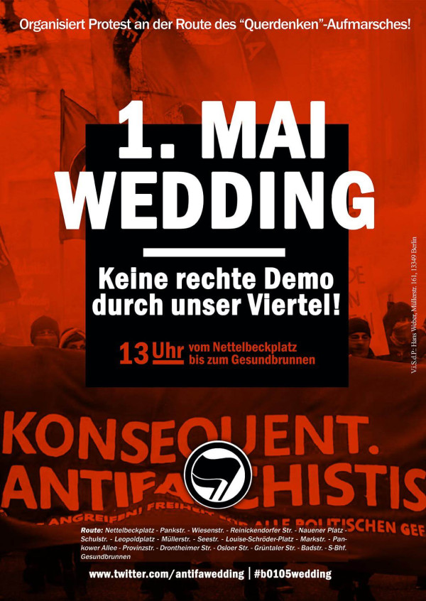 Plakat mit rot-schwarzem Design. In großer weißer Schrift steht "1. Mai Wedding" und "Keine rechte Demo durch unser Viertel!". Darunter, in roter Schrift: "13 Uhr vom Nettelbeckplatz bis zum Gesundbrunnen". Unten stehen ein Logo und Social-Media-Infos.