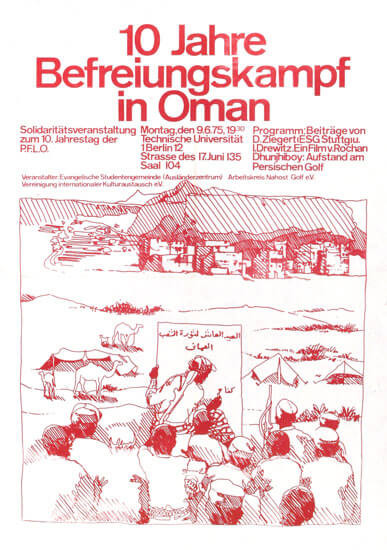 Plakat mit rotem Text und Illustrationen auf weißem Hintergrund. Es lautet: "10 Jahre Befreiungskampf in Oman". Es zeigt eine Skizze von Menschen vor einem Dorf. Veranstaltungsdetails und Ort sind enthalten.
