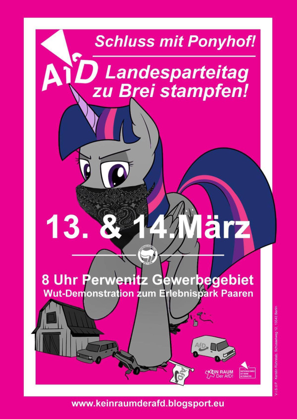 Ein Plakat mit rosa Hintergrund zeigt ein Cartoon-Pony, das ein Kopftuch trägt. Der Text lautet: "Schluss mit Ponyhof! Landesparteitag zu Brei stampfen! 13. &amp; 14. März, 8 Uhr Perwenitz Gewerbegebiet."