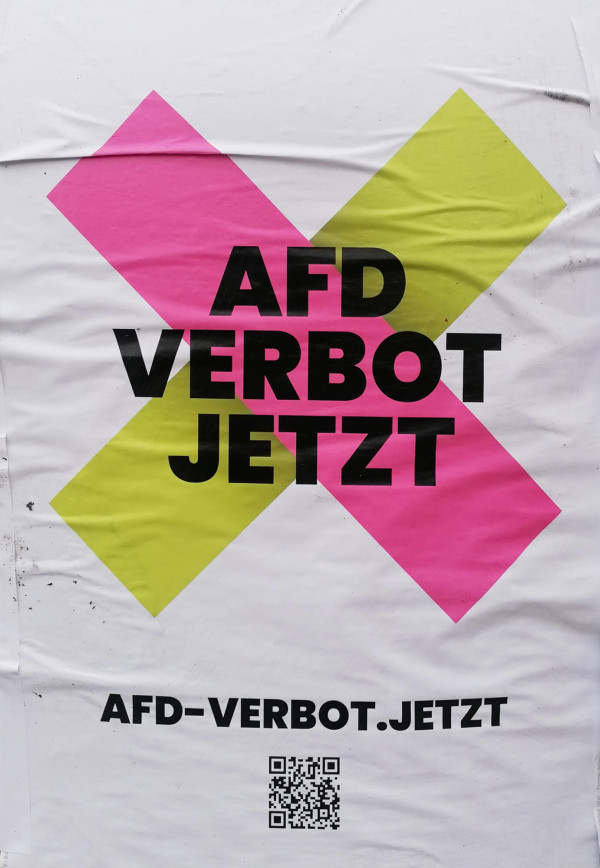 Ein Poster mit einem großen, diagonalen Kreuz in Pink und Grün auf weißem Hintergrund. In der Mitte des Kreuzes steht in schwarzer Schrift: "AfD Verbot Jetzt". Unter dem Kreuz befindet sich die URL "afd-verbot.jetzt" und ein QR-Code. Das Design ist schlicht und nutzt kräftige Farben für eine starke visuelle Wirkung.