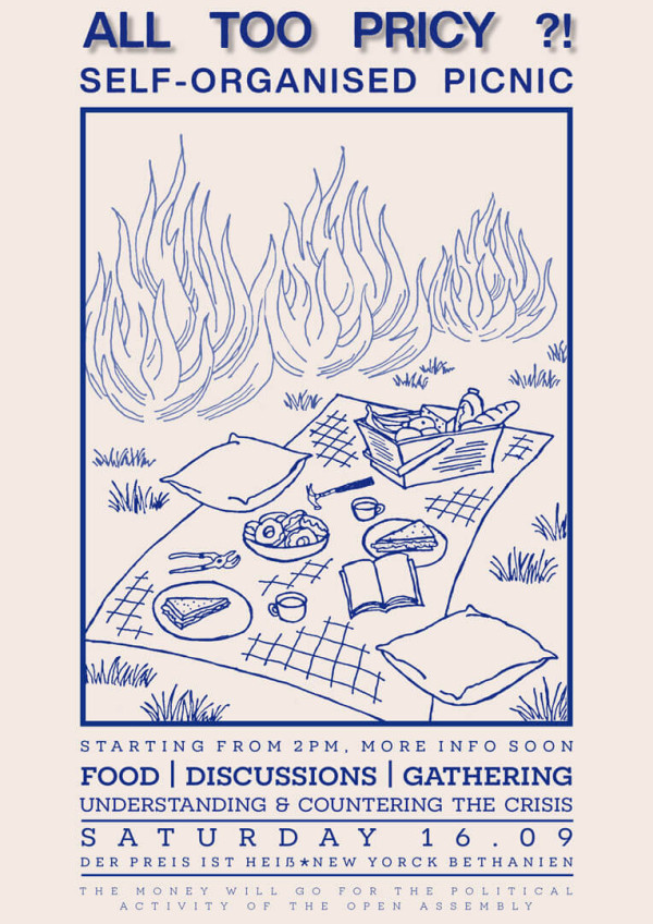 Ein Plakat mit dem Titel "Alles zu teuer?! Selbstorganisiertes Picknick" zeigt ein Picknick mit Essen und einem Korb auf einer Decke. Blaue Strichzeichnungen stellen Flammen und Gras dar. Die Veranstaltung beginnt um 14.00 Uhr mit Essen, Diskussionen und Zusammenkunft am Samstag, den 16.09, in Der Preis ist Heiß, New Yorck Bethanien.