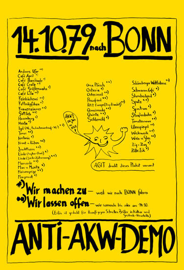 Gelbes Plakat mit fetter schwarzer Schrift: "14.10.79 nach Bonn" am oberen Rand. Es folgt eine Liste von Orten. Eine lächelnde Sonnenillustration ist enthalten. Unten steht "Anti-AKW-Demo".