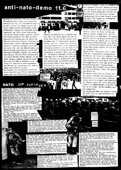Ein schwarz-weißes Plakat mit dem Titel "Anti-Nato-Demo 11.6". Es zeigt Textblöcke, Bilder von Menschenmengen und Menschen, die Schilder halten. Das Design ist collageartig mit verschiedenen Textgrößen.