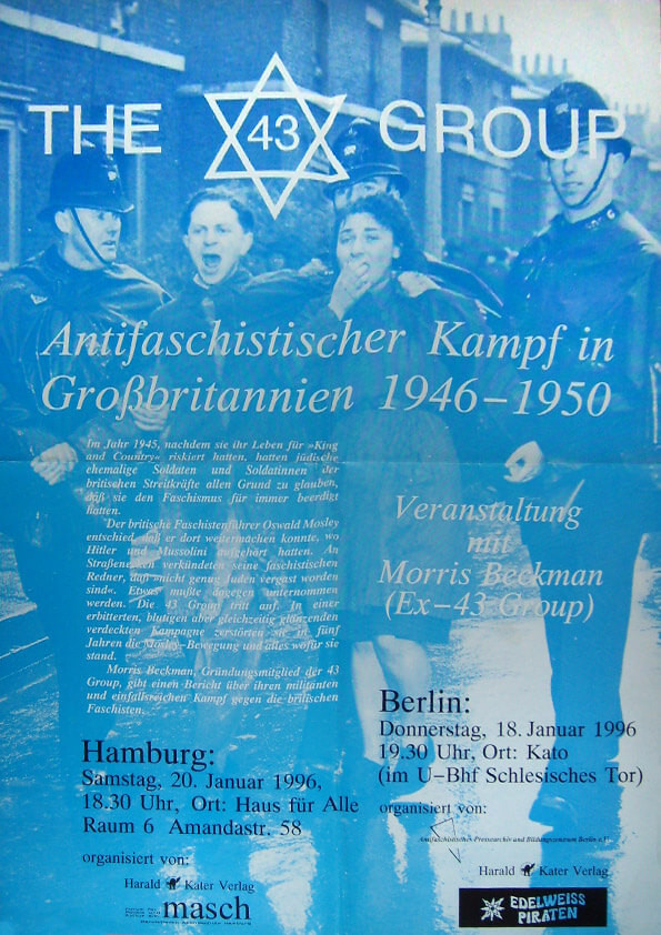 Ein blau getöntes Plakat zeigt eine Gruppe von Menschen mit Text: "Die Gruppe 43" in einem Davidstern, "Antifaschistischer Kampf in Großbritannien 1946-1950" und Veranstaltungshinweise für Hamburg und Berlin im Jahr 1996.