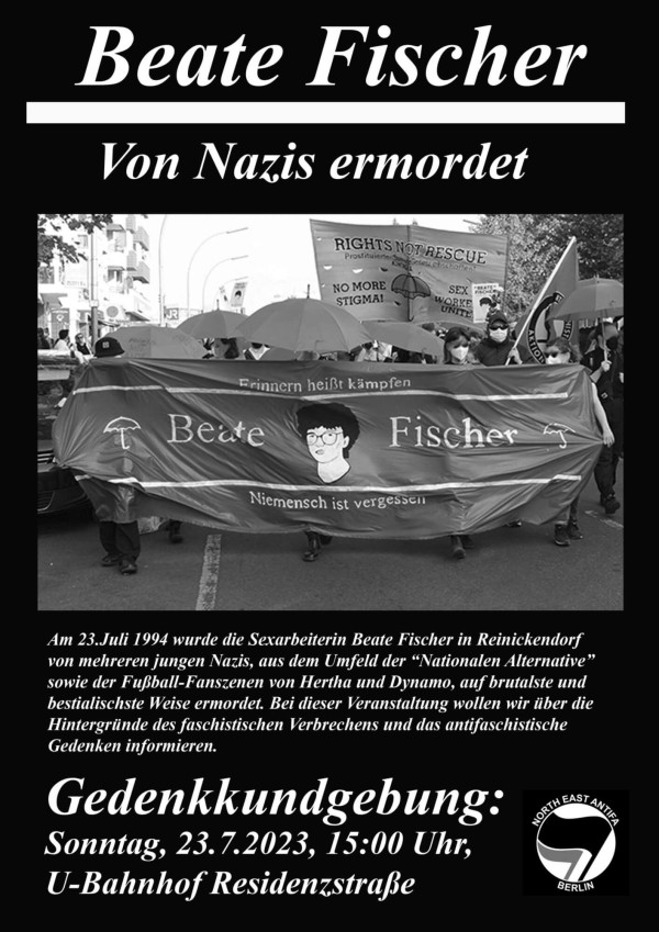 Plakat für eine Gedenkveranstaltung für Beate Fischer, die von den Nazis ermordet wurde. Zeigt ein Protestbild mit Transparenten. Veranstaltung am Sonntag, 23.7.2023, 15:00, U-Bahnhof Residenzstraße.