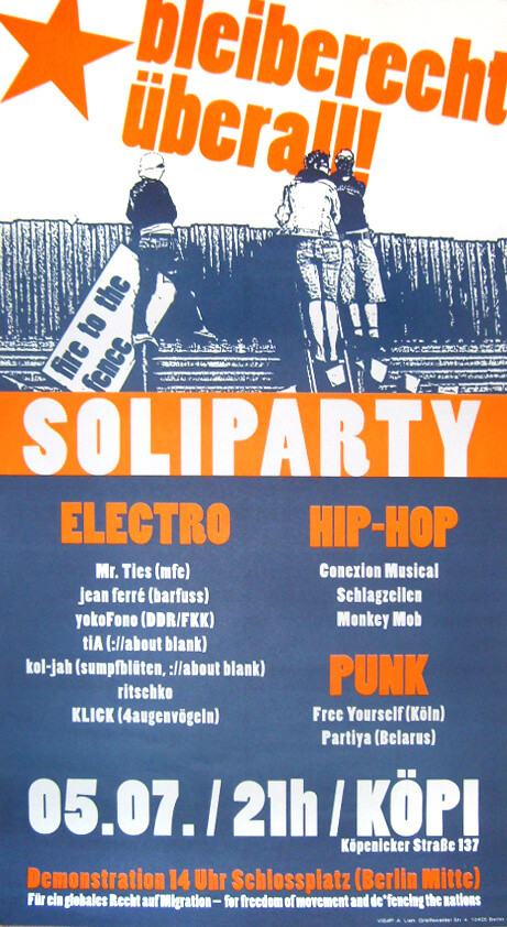 Orange-weißes Plakat mit einem großen Stern und dem Text "bleiberecht überall!" im oberen Bereich. Darunter ein blau-orangefarbener Abschnitt mit "SOLIPARTY" in weißer Schrift, einer Auflistung von Musikgenres und Veranstaltungsdetails, darunter "05.07 / 21h / Köpi".