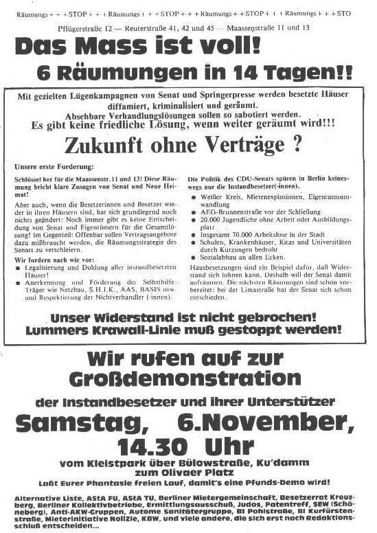 Schwarz-weißes Protestplakat mit fetter Überschrift: "Die Messe ist voll! 6 Räumungen in 14 Tagen!!" Der Text beschreibt die Räumungen und ruft zu einer Demonstration am "Samstag, 6. November, 14.30 Uhr" auf.