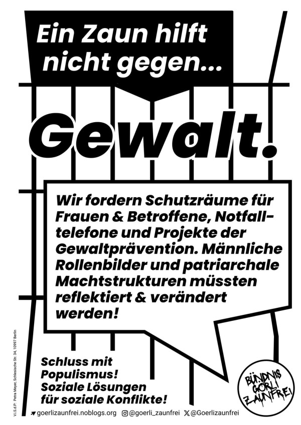 Ein schwarz-weißes Plakat mit dem Text "Ein Zaun hilft nicht gegen... Gewalt." Enthält einen Aufruf für sichere Räume und Präventionsprojekte. Mit fetter Typografie und Sprechblasendesign.