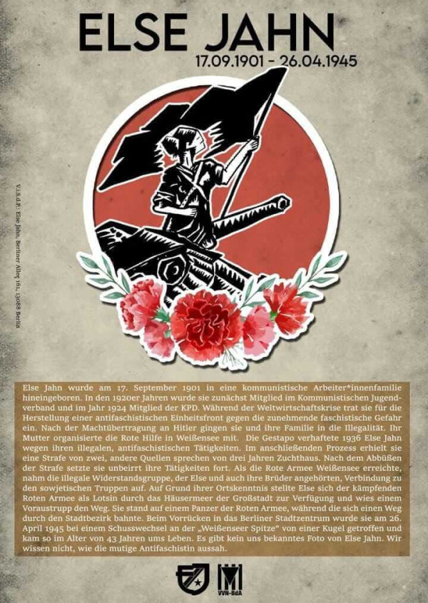 Auf dem Plakat steht oben der Text "Else Jahn 17.09.1901 - 26.04.1945". Darunter ist eine Person mit einer Fahne abgebildet, umgeben von roten Rosen auf einem rot-beigen Hintergrund. Der untere Teil enthält eine ausführliche Biografie in deutscher Sprache.
