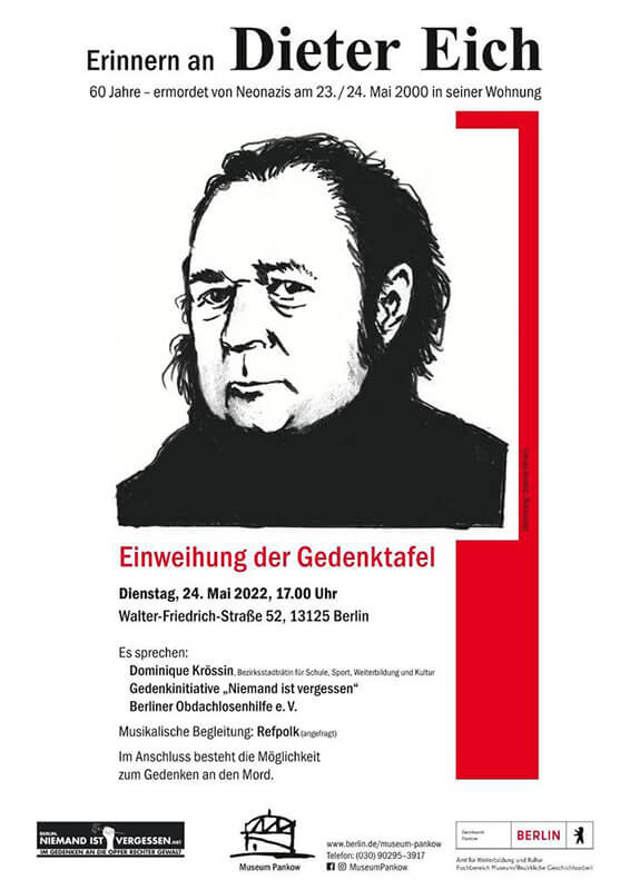 Das Plakat mit dem Titel "Erinnern an Dieter Eich" zeigt eine Schwarz-Weiß-Skizze eines Mannes mit ernster Miene. Rote Akzente heben wichtige Details hervor. Zu den Details der Veranstaltung am 24. Mai 2022 in Berlin gehören Redner und musikalische Untermalung.