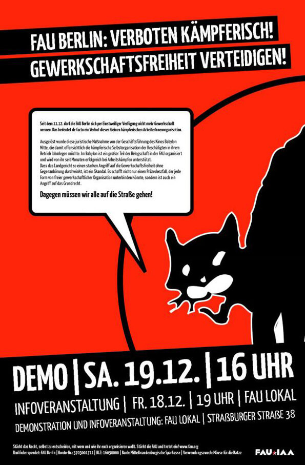 Das Poster hat ein auffälliges rot-schwarzes Design mit einer schwarzen Katzengrafik. Der Text lautet: "FAU Berlin: Verboten Kämpferisch! Gewerkschaftsfreiheit verteidigen!" und Hinweise auf eine Demo am 19.12. um 16 Uhr.