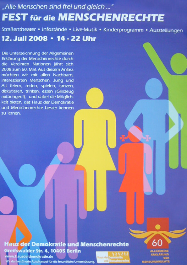 Plakat für das "Fest für die Menschenrechte" am 12. Juli 2008, von 14-22 Uhr. Mit bunten menschlichen Figuren auf blauem Hintergrund und Text über die Veranstaltung im Haus der Demokratie und Menschenrechte.