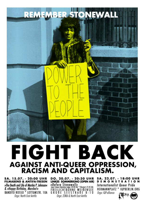 Plakat, das für Veranstaltungen gegen Unterdrückung von Queers, Rassismus und Kapitalismus wirbt, mit dem Schild "Power to the People".