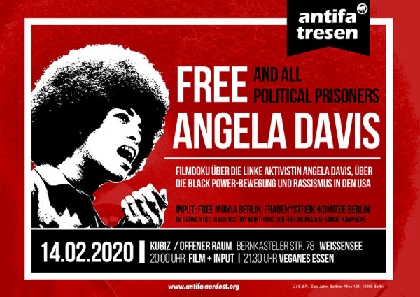 Das rot-schwarze Plakat mit weißem Rand zeigt eine Illustration von Angela Davis. Text: "FREE ANGELA DAVIS AND ALL POLITICAL PRISONERS". Veranstaltungshinweise: "14.02.2020, KUBIZ, 20:00 Uhr".