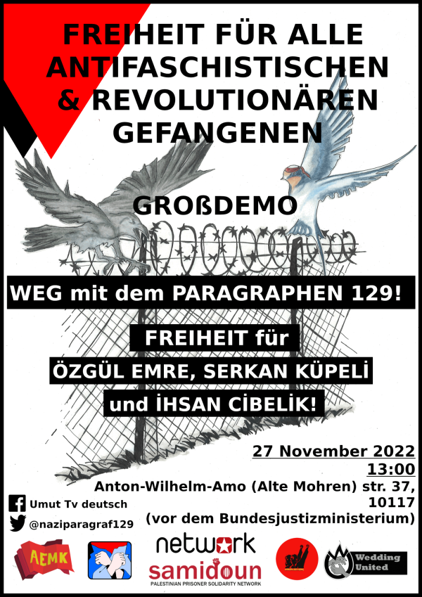 Plakat mit rotem und schwarzem Text: "Freiheit für alle antifaschistischen &amp; revolutionären Gefangenen". Mit Abbildungen von Vögeln und Stacheldraht, Veranstaltungshinweisen und Icons für soziale Medien.