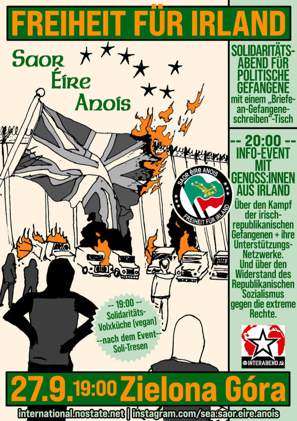 Plakat mit einem brennenden Union Jack, schwarzen Silhouetten und dem Text "Freiheit für Irland" in Orange auf Grün. Veranstaltungsdetails zur Solidarität für politische Gefangene in Zielona Góra am 27.9. um 19:00 Uhr.