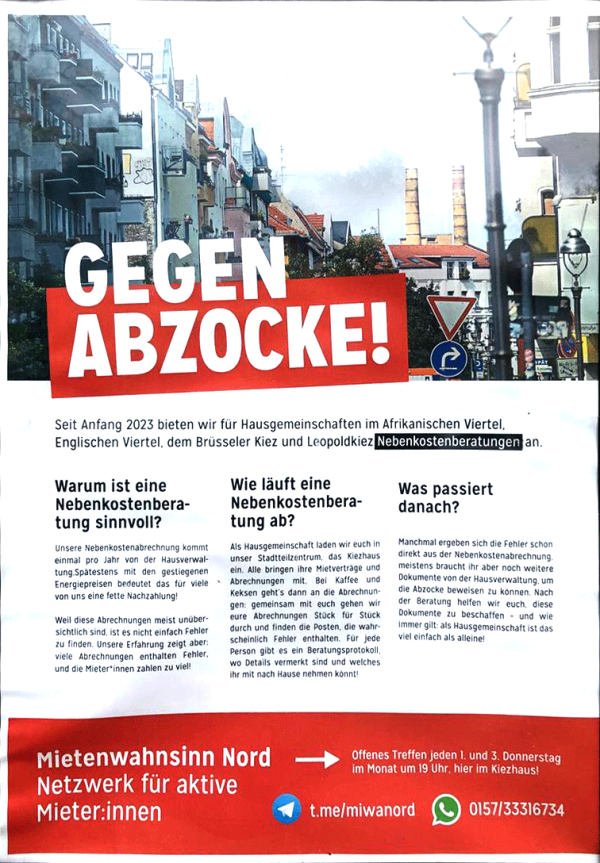 Plakat mit Straßenhintergrund und der Aufschrift "GEGEN ABZOCKE!" sowie Angaben zu Nebenkostenberatungen. Enthält Abschnitte mit dem Titel "Warum ist eine Nebenkostenberatung sinnvoll?" und Kontaktinformationen für Mietenwahnsinn Nord.