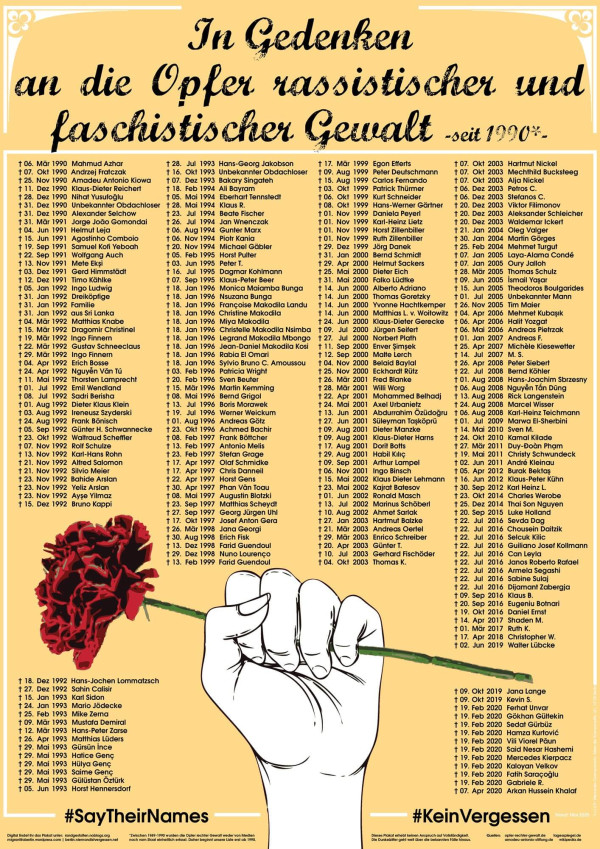 Auf einem gelben Plakat mit schwarzer Schrift steht: "Zum Gedenken an die Opfer rassistischer und faschistischer Gewalt seit 1990". Eine Hand hält eine rote Nelke. Namen und Daten sind aufgeführt. Hashtags: #SayTheirNames #KeinVergessen.