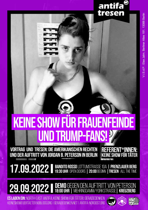 Ein Schwarz-Weiß-Foto einer Person mit einer Halskette ist mit lila und schwarzem Text überlagert: "Keine Show für Frauenfeinde und Trump-Fans!" Details und Termine der Veranstaltung sind unten aufgeführt.