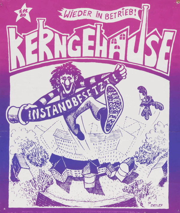 Ein lebhaftes Plakat mit einem Hintergrund mit rosa bis lila Farbverlauf. Der fettgedruckte Text lautet "Kerngehäuse" mit "Instandbesetzt!" darunter. Eine Zeichentrickfigur springt fröhlich über Gebäude, darüber steht "Wieder in Betrieb!".