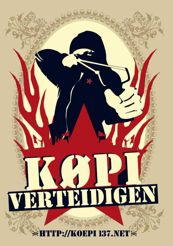 Ein Plakat mit einer Kapuzenfigur, die eine Steinschleuder vor einem roten Stern und Flammen benutzt. Dekorative Muster rahmen das Bild ein. Der Text lautet "Køpi verteidigen" und "http://koepi137.net".