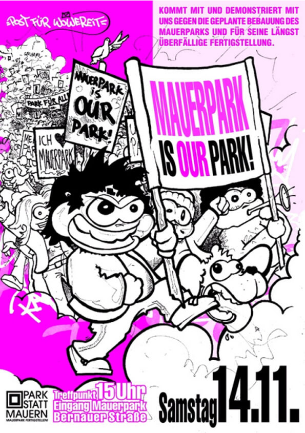 Cartoon-Menge, die Schilder mit dem Text "MAUERPARK IS OUR PARK!" in fettem Pink und Schwarz hält. Der Hintergrund besteht aus einer Mischung aus Rosa und Weiß. Details zur Veranstaltung: "Samstag 14.11., 15 Uhr, Eingang Mauerpark, Bernauer Straße".