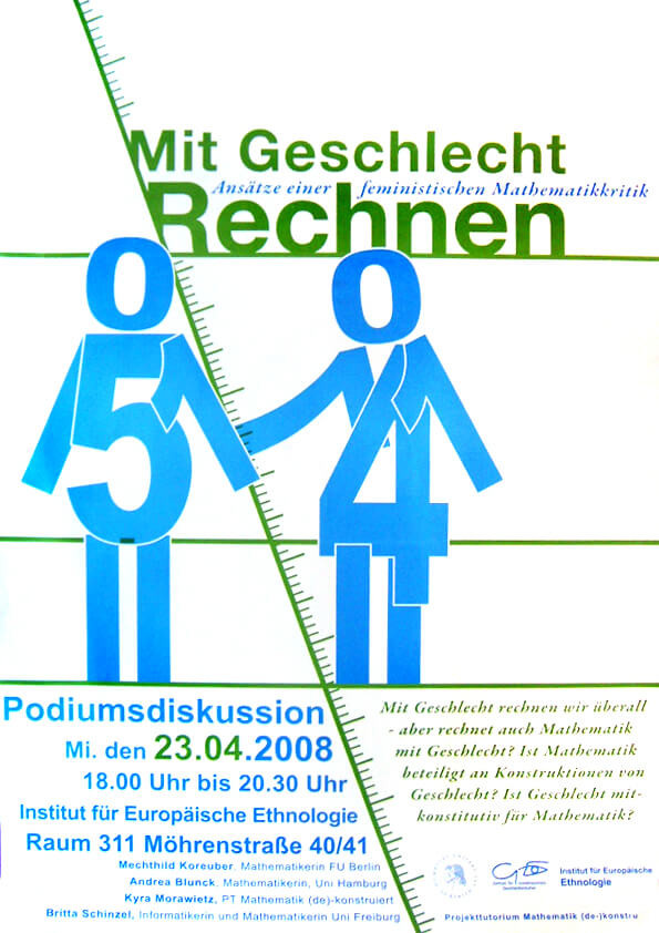 Ein Plakat mit blauen Figuren mit der Aufschrift 5 und 4, die sich an den Händen halten. Titel: "Mit Geschlecht Rechnen". Veranstaltung: "Podiumsdiskussion" am 23.04.2008 um 18:00 Uhr, Institut für Europäische Ethnologie.