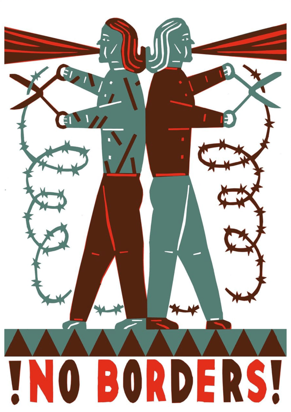 Illustration von zwei Figuren, die Rücken an Rücken Stacheldraht mit einer Schere durchschneiden. Die eine ist blaugrün, die andere braun. Der rote und blaugrüne Text lautet "No Borders!" auf einem gemusterten Untergrund.
