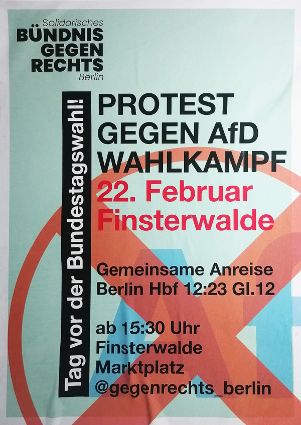 Das Plakat hat einen hellblauen Hintergrund mit fetter schwarzer und roter Schrift. "PROTEST GEGEN AfD WAHLKAMPF" und "22. Februar Finsterwalde" sind deutlich zu lesen. Ein roter gekreuzter Kreis überlagert das AfD-Logo im Hintergrund.