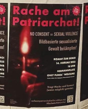 Das Poster mit dunklem Hintergrund zeigt ein Gesicht, das teilweise von einer Kerzenflamme beleuchtet wird. Der Text lautet: "Rache am Patriarchat! Keine Zustimmung = sexuelle Gewalt. Bildbasierte sexualisierte Gewalt bekämpfen!" Veranstaltungshinweise und QR-Codes sind enthalten.