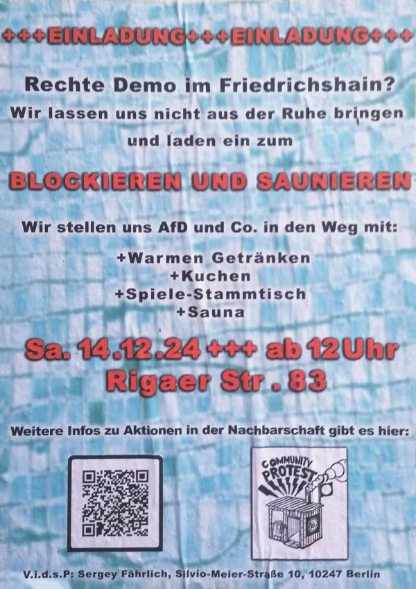 Einladung zur Blockade einer rechten Demo in Friedrichshain am 14.12.24 um 12 Uhr, Rigaer Str. 83. Mit Getränken, Kuchen, Spielen, Sauna. Inklusive QR-Code und Protestgrafik.