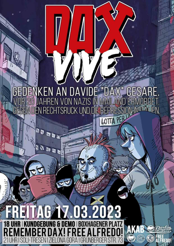 Plakat mit dem Titel "Dax Vive" in fetter roter und weißer Schrift. Es zeigt eine Gruppe von Figuren im Comic-Stil mit städtischen Gebäuden im Hintergrund. Einzelheiten zur Veranstaltung: "Freitag 17.03.2023, 18 Uhr, Kundgebung &amp; Demo, Boxhagener Platz."