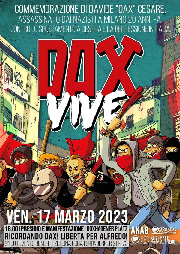 Plakat zum Gedenken an Davide "Dax" Cesare, der vor 20 Jahren von den Nazis in Mailand getötet wurde. "Dax Vive" in fetter roter und weißer Schrift. Illustration von Demonstranten mit roten Fahnen. Details zur Veranstaltung unten.