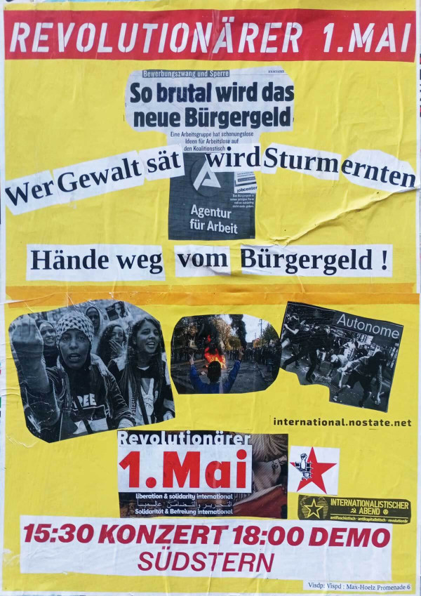 Ein Protestplakat mit gelbem Hintergrund und roten Akzenten zeigt Texte wie "Revolutionärer 1. Mai" und "Hände weg vom Bürgergeld!" Es enthält Bilder von Demonstrationen und eine Konzertankündigung für 15:30, Demo um 18:00, Südstern.