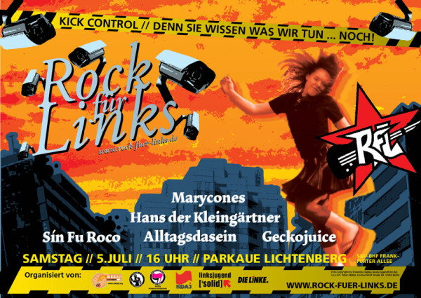 Plakat für "Rock für Links" mit Überwachungskameras und einer springenden Person auf orangefarbenem Hintergrund. Enthält Bandnamen wie Marycones und Veranstaltungsdetails für den 5. Juli, Parkaue Lichtenberg.