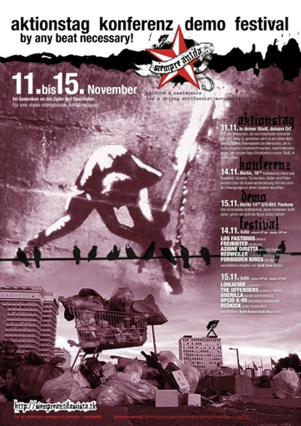 Ein rot-schwarzes Plakat zeigt den Text: "aktionstag konferenz demo festival um jeden schlag notwendig!" Die Termine "11. bis 15. November" sind hervorgehoben. Eine große Figur und Vögel sind als Silhouette über einer städtischen Szene mit einem Einkaufswagen zu sehen.