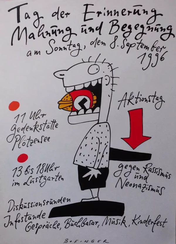Ein Plakat mit einer Cartoon-Figur, die einen Hakenkreuz-Burger isst. Text: "Tag der Erinnerung Mahnung und Begegnung am Sonntag, dem 8. September 1996". Rote Akzente und handschriftlicher Stil.