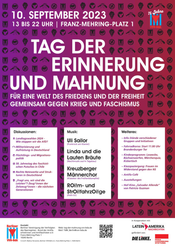 Ein Poster mit lila und roten Farbtönen zeigt zahlreiche Symbole gegen Faschismus und Krieg als Hintergrund. Oben steht: "10. September 2023, 13 bis 22 Uhr, Franz-Mehring-Platz 1". Der Titel lautet: "Tag der Erinnerung und Mahnung". Darunter: "Für eine Welt des Friedens und der Freiheit, gemeinsam gegen Krieg und Faschismus". Es folgen Abschnitte zu Diskussionen, Musik und Weiteres, die verschiedene Themen und Veranstaltungen beschreiben. Unten links ist das Logo der Berliner VVN-BdA zu sehen.