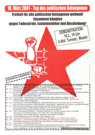 Plakat mit einem großen roten Stern und einer erhobenen Faust. Text: "18. März 2001 - Tag des politischen Gefangenen. Freiheit für alle politischen Gefangenen weltweit!" Enthält Details zur Veranstaltung.