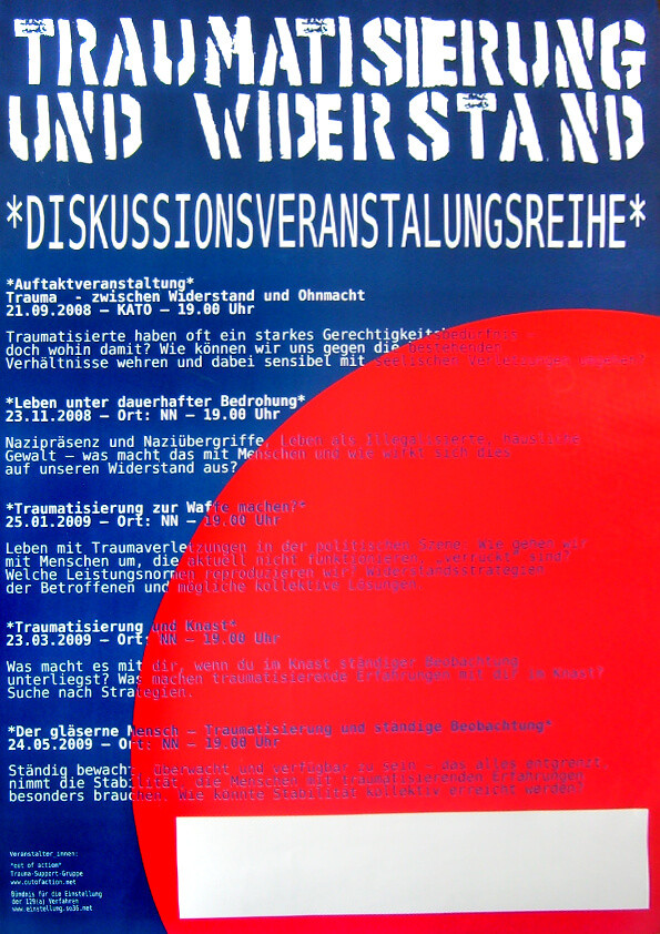 Plakat mit blauem Hintergrund und großem roten Halbkreis. Weißer Text oben: "Traumatisierung und Widerstand" und "Diskussionsveranstaltungsreihe". Veranstaltungsdetails in blauem Text darunter.
