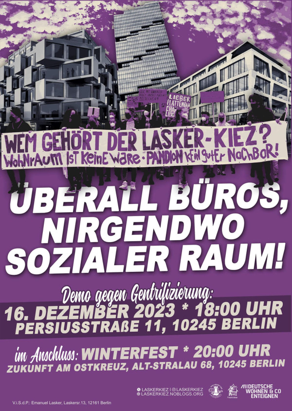 Ein Protestplakat in lila und weißen Farben mit Bildern von modernen Gebäuden und Menschen, die Schilder halten. Der Text umfasst: "Wem gehört der Lasker-Kiez?", "Überall Büros, nirgendwo sozialer Raum!", und Hinweise auf eine Demo am 16. Dezember 2023 in Berlin.