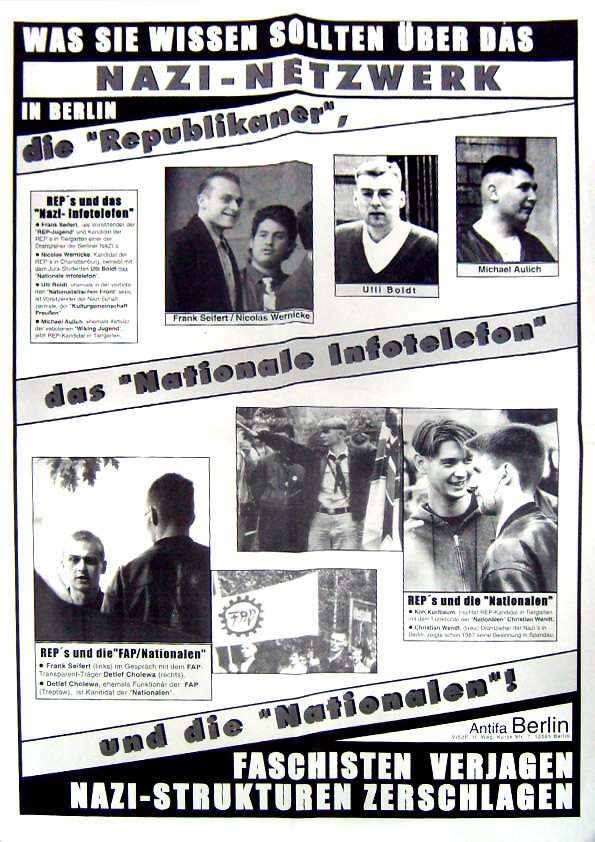 Schwarz-weißes Plakat mit fettgedrucktem Text und Abbildungen von Personen. Es behandelt das "Nazi-Netzwerk" in Berlin, mit Gruppen wie "die Republikaner" und "die Nationalen". Enthält Fotos mit Beschriftungen.